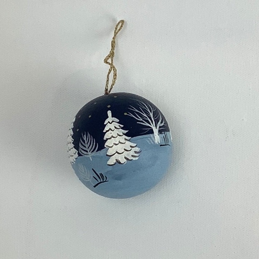 Finland HAND PAINTED Wooden Christmas Ornament Winter Scene Blue Tree Souvenir